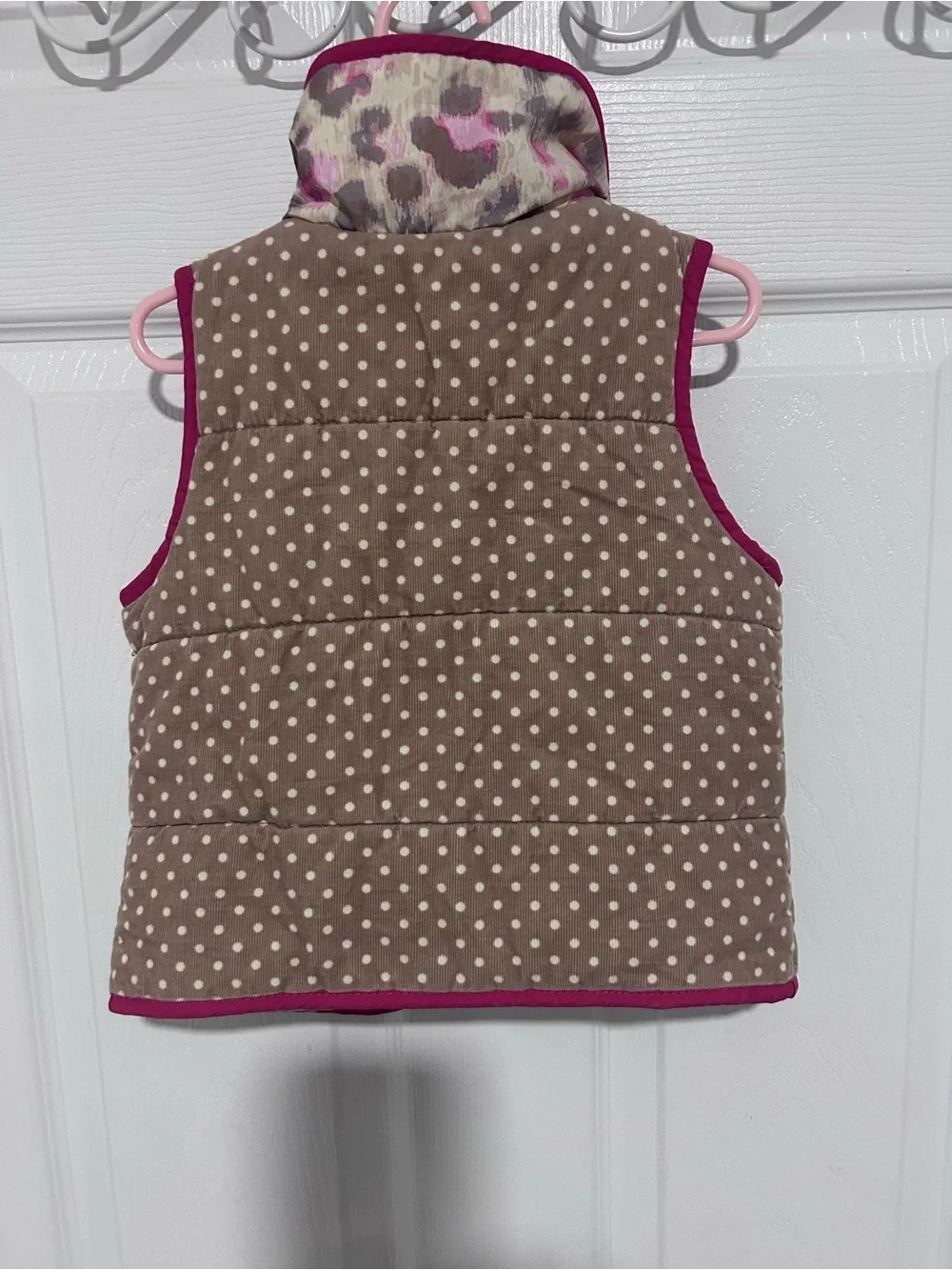 Girls Tan Polka Dot Corduroy Quilted Vest with Pink Trim. Size 4/5T